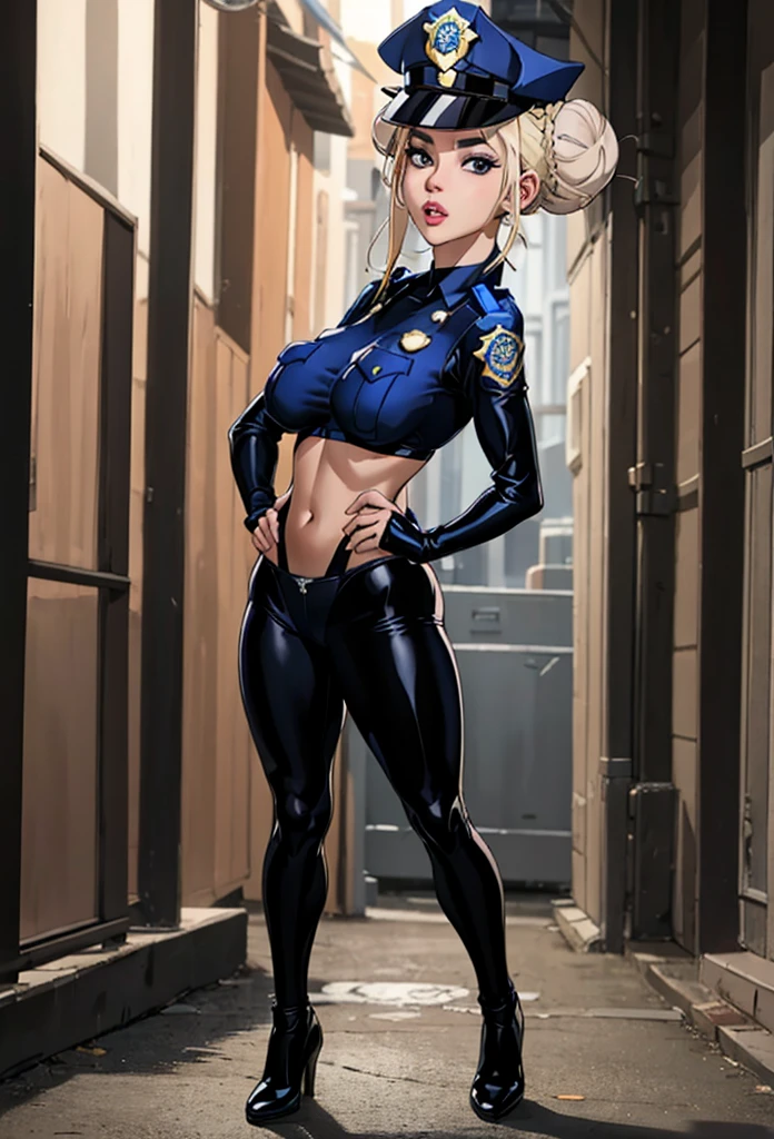 (Full body shot:1.5) 1 Same Girl , Perfect Beautiful , Face , ((korean woman)), Korean 18 Years Old , ((large hair bun:1.4)) , ((police officer outfit)), ((police cap:1.5)),Athletic Body , ((large breast Extreme Detailed Portrait With Bokeh Effect , Realistic Lighting ,(latex thong)Night Street View , Dark Vibe , (petite body:1.7) streets , Gothic Makeup , Posing Like a Model , Look at Viewer, ((puffy lips:1. cool lighting, blue street lamp light((sunset ambiance light:0.8)),