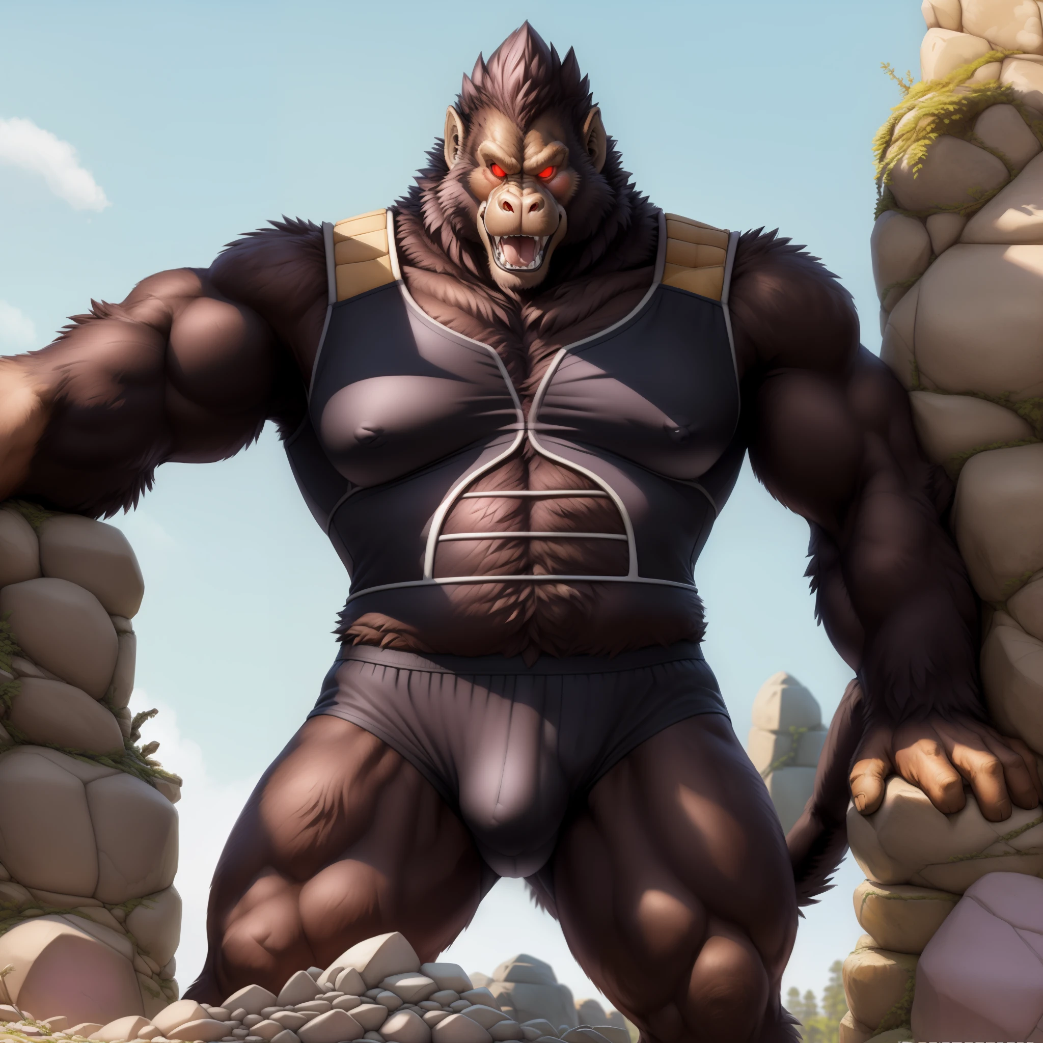 solo, breath (ultra detailed), a beautiful and detailed full size portrait of a female anthro gorilla, oozaru, brown fur, fur body, ey tail, red eyes, close up view, glowing eyes, empty eyes, tail, bedroom eyes, detailed eyes, big body, sexydy, (wide body). goddess, kenket, Ross Tran,ruan jia, trending on artstation,foxovh, cenematic lighting, front view, big breaths, huge , big , big boos, big , day, tree, (((stone wall, rocks, seductive, pose, standing))), curvy figure, (((pink saiyan armor, black undershirt, black underwear, nipple e)), angry, open mouth, blush,
