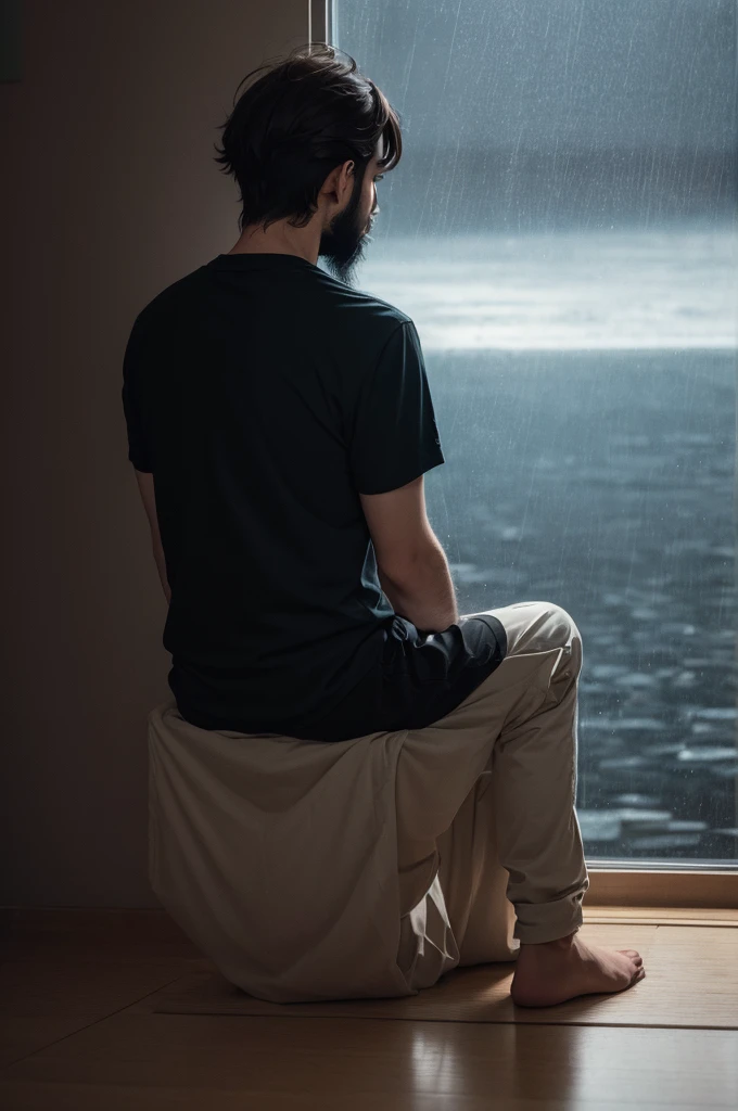 Illustration boy with beard sitting on the floor with his back looking at the horizon. Sad sitting in the dark raining