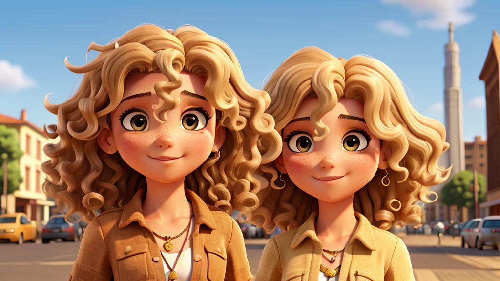 medium curly hair with blonde highlights, olhos castanhos, olhando para frente,  texturas e detalhes extremos, foto de retrato de corpo inteiro, bohemian city landmarks background,