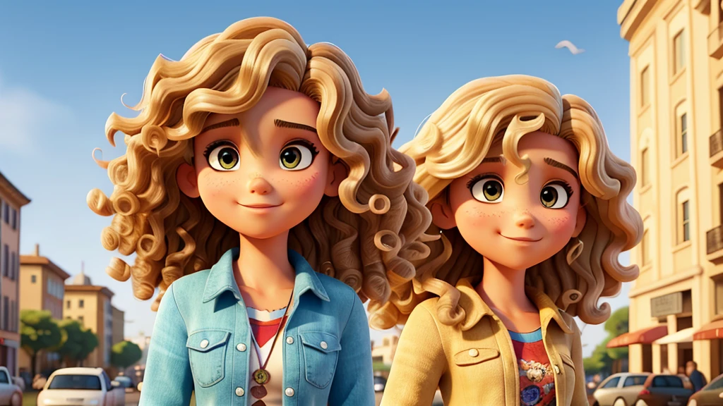 medium curly hair with blonde highlights, olhos castanhos, olhando para frente, texturas e detalhes extremos, foto de retrato de corpo inteiro, bohemian city landmarks background,