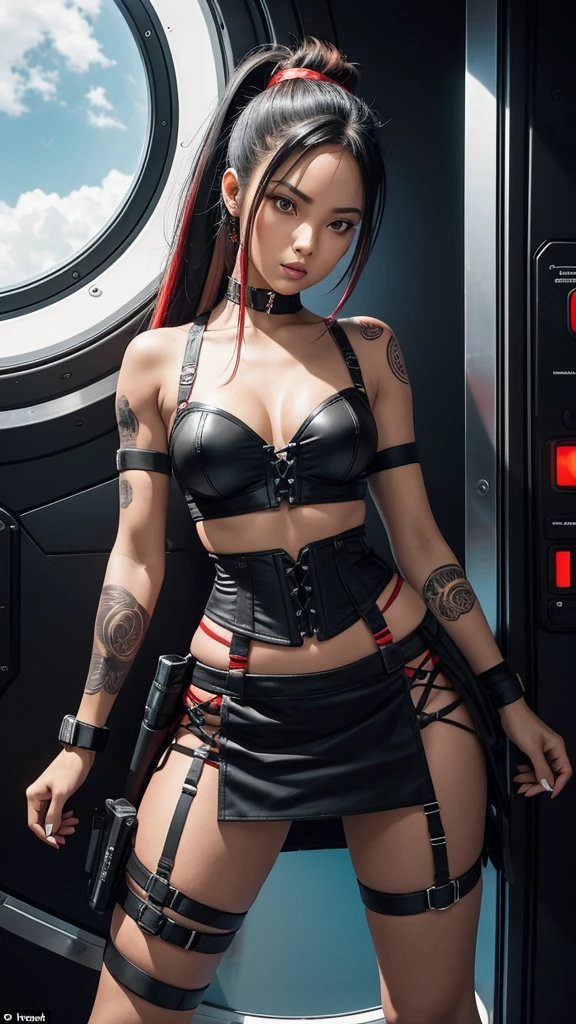Pitite tan woman,  long raven black hair with vibrant red highlights tied up into a ponytail, tribal tattoos, tight corset top and mini skirt, lazer pistols strapped to both thighs just below the hem of her mini skirt, on a space ship, standing in front of a circular bay window, dark start view from the window, NSFW