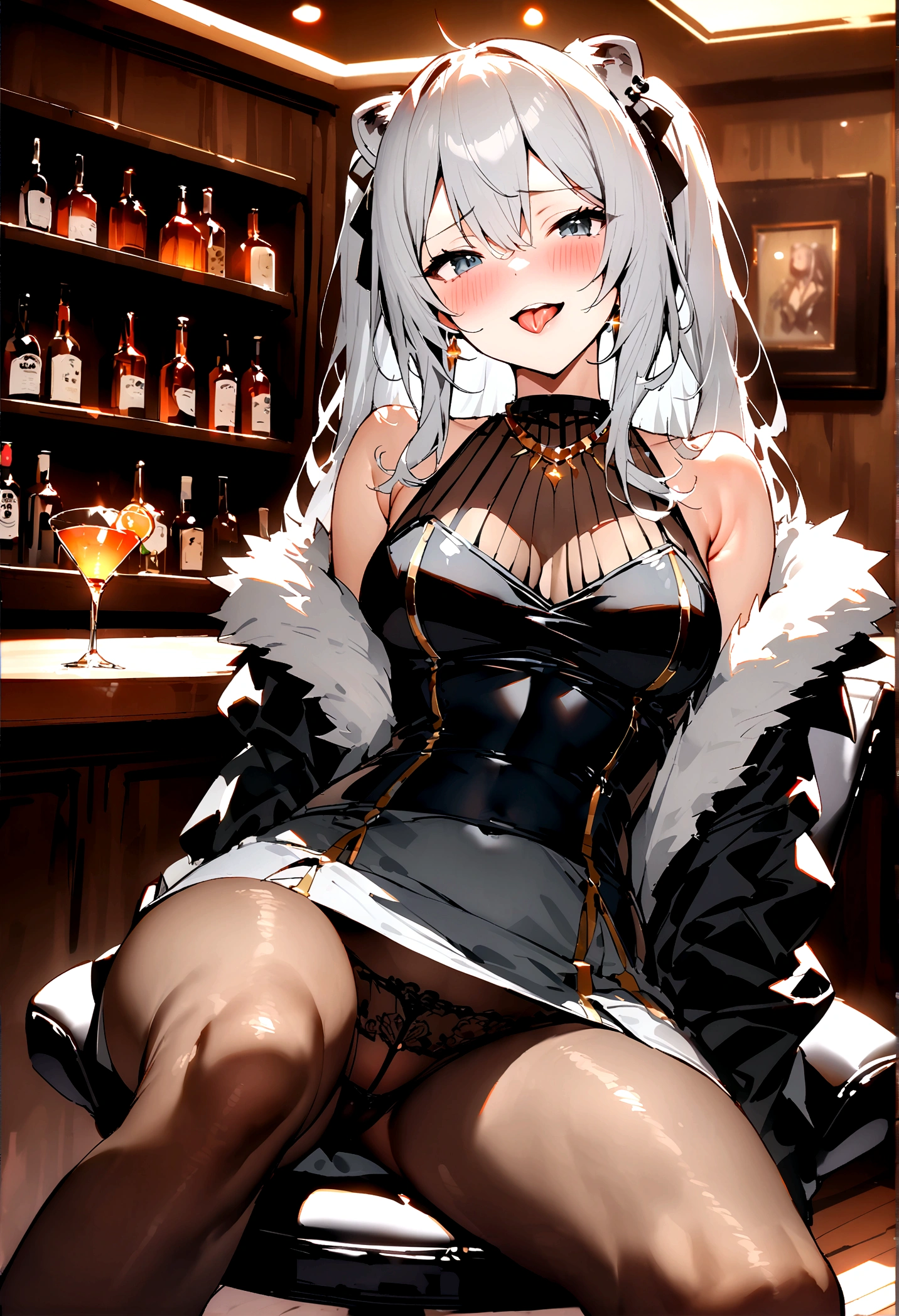 NSFW,masterpiece,Highest quality,High resolution,Super detailed,Shishirabotan\(Hololive\),Long Hair、Two Side Up、Earrings、Lion's Tail,necklace、Black Shirt、Sleeveless shirt、abdomen、See-through、Grey Skirt、片足pantyhose、pantyhose、fur-trimmed jacket、Black jacket、Off the shoulder,Black adult panties,(Bewitching Smile),blush,Luxurious Room,pub,counter,chair,Cocktail Glass,(Drunk),(Intoxication),Sitting in a chair,heart,Sexy pose,Panty shot,Open your mouth,Sticking out tongue,(provoke)