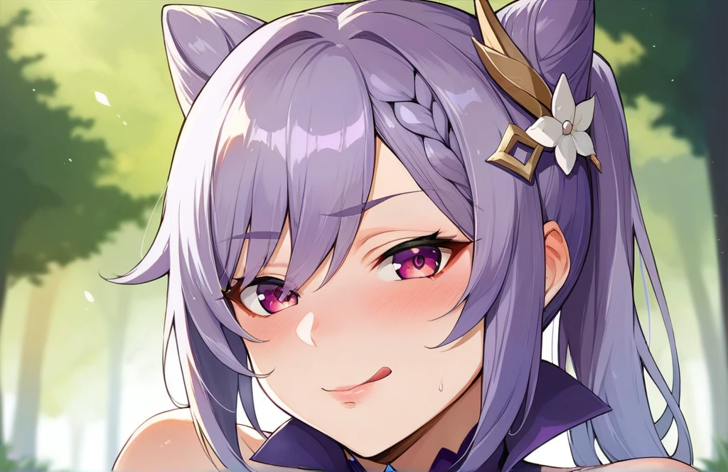 score_9, score_8_up, score_7_up, score_6_up, source_anime, BREAK by ikuchan kaoru, iku, clean color, flat color,1girl, genshin impact, keqing genshin impact, outdoors, in Forest, face focus, face closeup, face, face only, smug, shy, embarrassed, licking lips, ((seductive)), alluring, seduce, hair over one eye