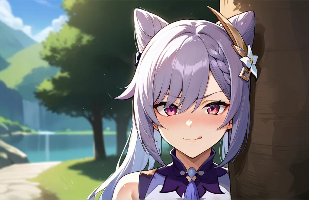 score_9, score_8_up, score_7_up, score_6_up, source_anime, BREAK by ikuchan kaoru, iku, clean color, flat color,1girl, genshin impact, keqing genshin impact, outdoors, in Forest, face focus, face closeup, face, face only, smug, shy, embarrassed, licking lips, ((seductive)), alluring, seduce, hair over one eye