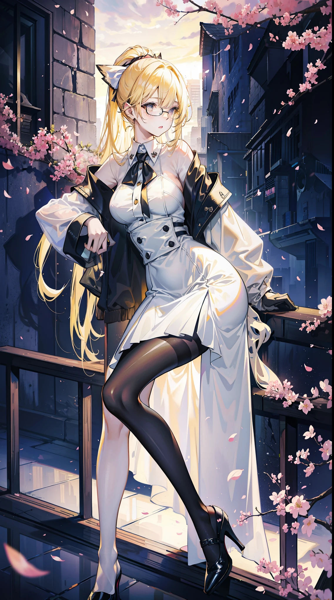Young and beautiful Kathryn Newton, Glasses, White dress shirt, Very deep neckline, Black Mini Dress, Dark pantyhose, Surreal, 14 years old, Model figure, Large Breasts, Beautiful breasts, Big Ass, Long hair, Ponytail, Blonde hair, Long legs, 8K, futuristic city, Cherry blossoms, sunrise, LED lighting, Anime style, （（Leaning against the wall，Sideways posture））