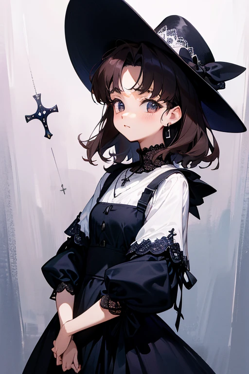 Akina Nakamori、(Navy lace dress).、cute、White cross necklace on chest、Gothic style、Small hat、シャープにcute、Beautiful woman、