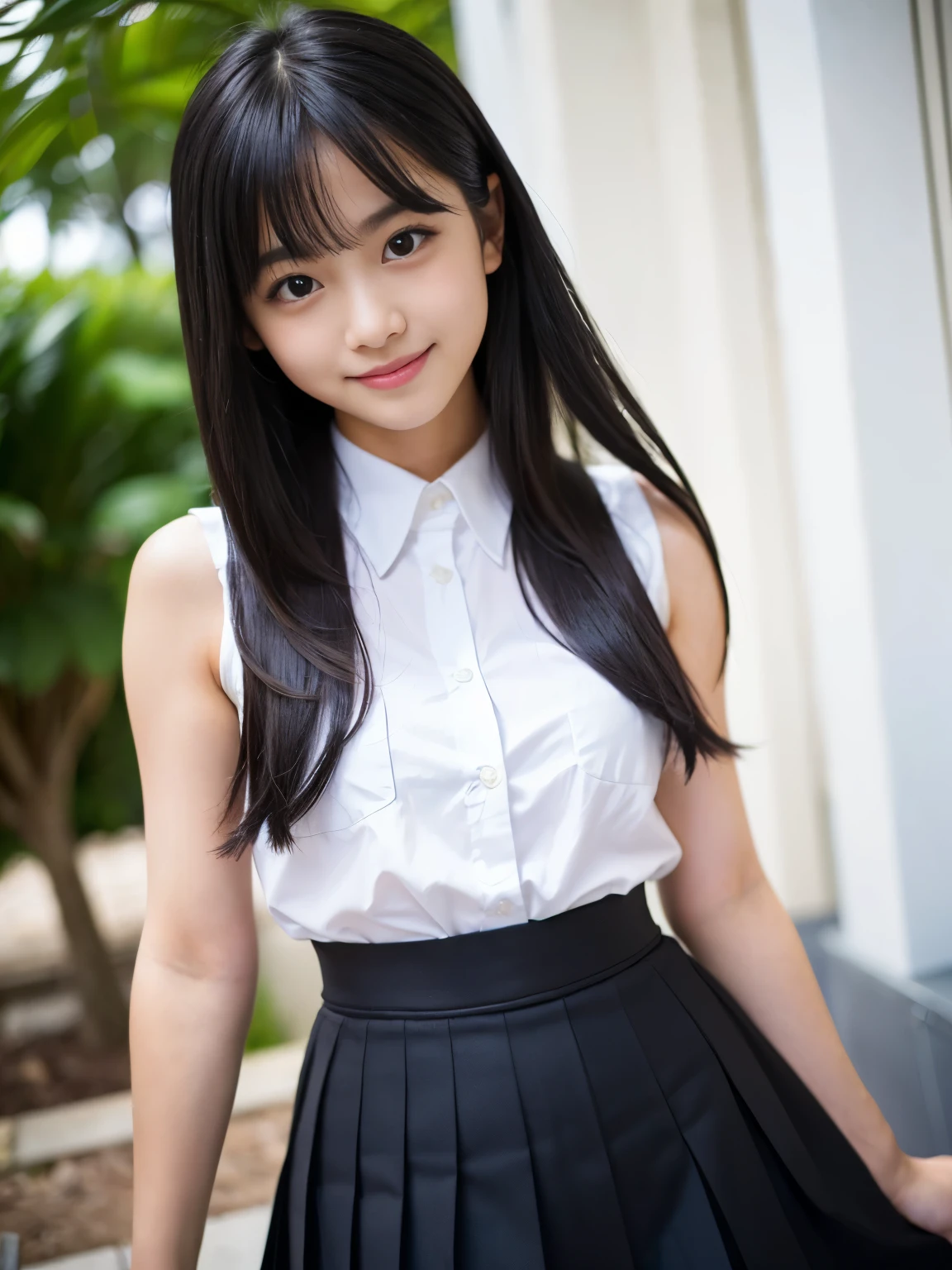 (Best-quality, Masterpiece, Ultra-High-Resolution, (Photorealistic:1.4), Raw Photo,  depth of field, professional lighting, perfect anatomy, extremely details), 1girl, 15-years-old, the most famous Japanese idol, (extremely childish body that wearing sleeveless-long-shirt), (looking at viewer, innocent smile), (((upturned childish-ass that wearing pleated-skirt))), ((extremely cute face like the most popular Japanese idol, ((extremely cute and extremely big black-round-eyes)), extremely beautiful black-long-hair, ((extremely beautiful skins)), extremely cute long-eyelashes, extremely cute lips, extremely cute thighs))