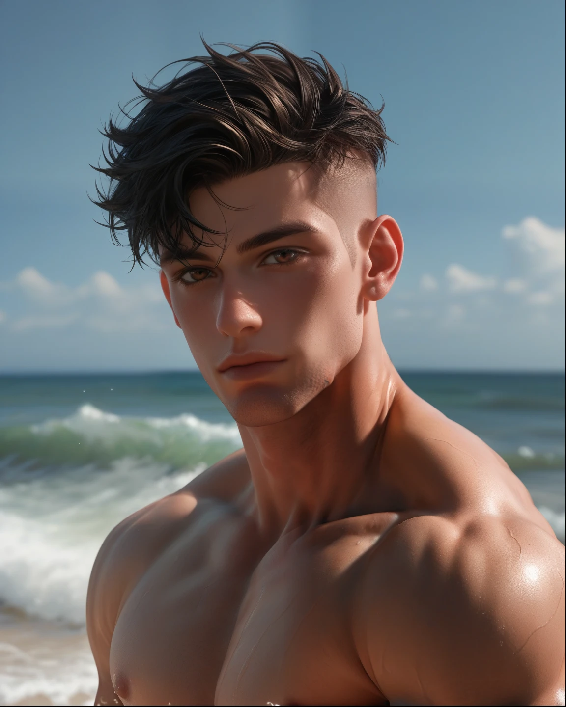 8K, (Artwork:1.2), (best quality:1.2), (high resolution:1.2) cyberjackie, 1 boy, Alone, black hair, brown eyes, undercut, mechanical parts, muscular, moonlit beach, midnight, serene and enchanting with the soft glow of the moon on the waves, zPDXL2
