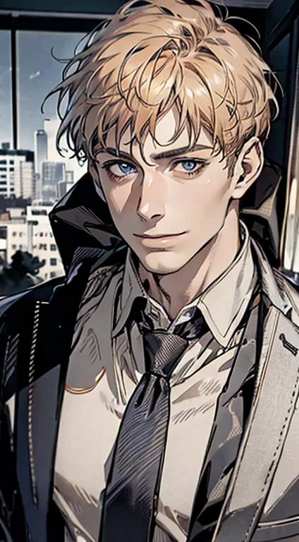 (best quality,4k,8k,highres,masterpiece:1.2),ultra-detailed,(realistic,photorealistic,photo-realistic:1.37),1 man,31 years old,mature man,very handsome,without expression,smile,short orange hair,blue eyes,penetrating gaze,perfect face without errors,imposing posture,businessman,office background,cinematic lighting,hdr image