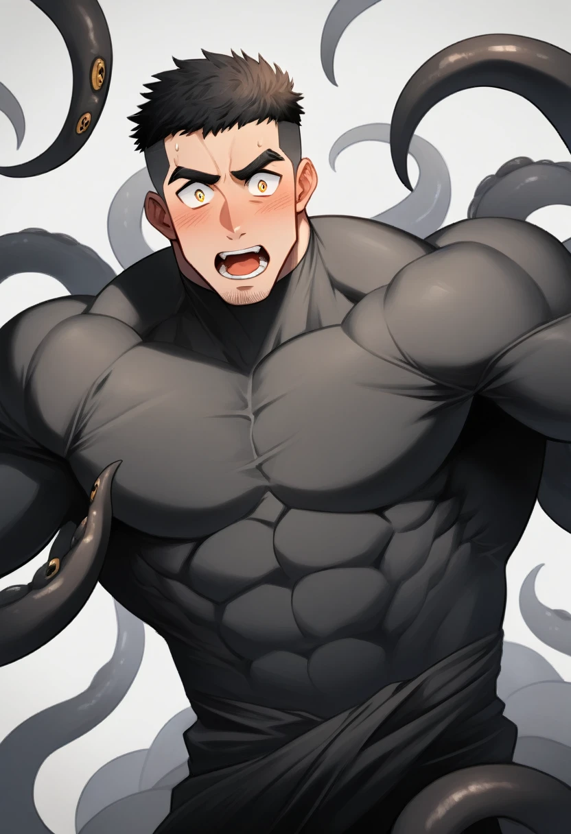 anime characters：Superhero in tights, negro black skin, He was entangled by a large number of thick black tentacles, Very stout, Lots of mucus, Wrap around the neck, Wrap around the waist, Tightly tied, Manliness, male focus, Yellow and black high collar long sleeve tight T-shirt, Slightly transparent material, Very tight, Round, full and perky chest muscles, Male dog waist, Slightly transparent, muscular male, muscular, only, Upper body, alone, Black short hair, Thick eyebrows, stubble, Yellow eyes, Grey background, simple background, amazing quality, best aesthetics, Ridiculous, bright pupils, crew cut, parted lips, blush, open mouth, scared, drop shadow, best quality