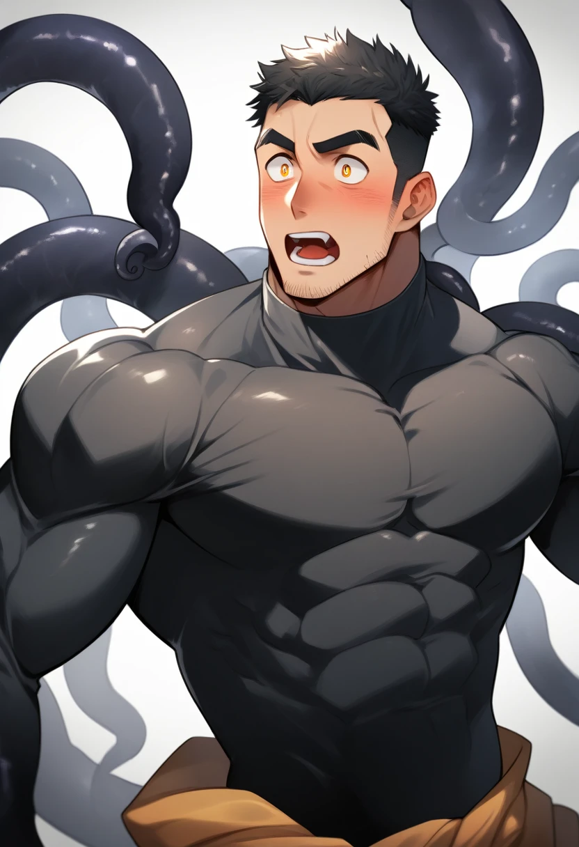 anime characters：Superhero in tights, negro black skin, He was entangled by a large number of thick black tentacles, Very stout, Lots of mucus, Wrap around the neck, Wrap around the waist, Tightly tied, Manliness, male focus, Yellow and black high collar long sleeve tight T-shirt, Slightly transparent material, Very tight, Round, full and perky chest muscles, Male dog waist, Slightly transparent, muscular male, muscular, only, Upper body, alone, Black short hair, Thick eyebrows, stubble, Yellow eyes, Grey background, simple background, amazing quality, best aesthetics, Ridiculous, bright pupils, crew cut, parted lips, blush, open mouth, scared, drop shadow, best quality