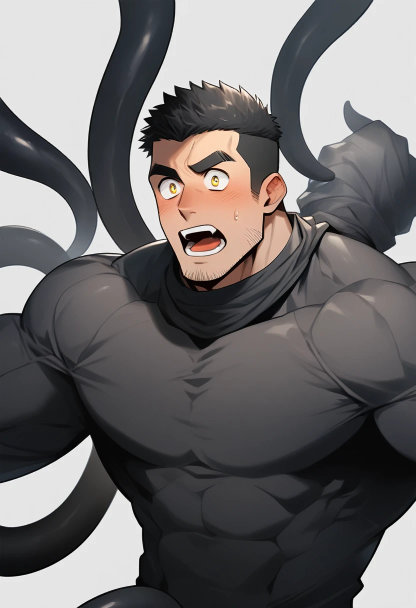 anime characters：Superhero in tights, negro black skin, He was entangled by a large number of thick black tentacles, Very stout, Lots of mucus, Wrap around the neck, Wrap around the waist, Tightly tied, Manliness, male focus, Yellow and black high collar long sleeve tight T-shirt, Slightly transparent material, Very tight, Round, full and perky chest muscles, Male dog waist, Slightly transparent, muscular male, muscular, only, Upper body, alone, Black short hair, Thick eyebrows, stubble, Yellow eyes, Grey background, simple background, amazing quality, best aesthetics, Ridiculous, bright pupils, crew cut, parted lips, blush, open mouth, scared, drop shadow, best quality