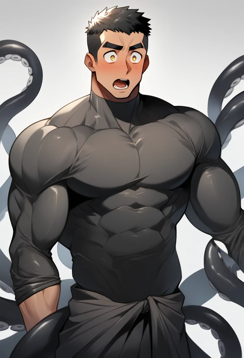 anime characters：Superhero in tights, negro black skin, He was entangled by a large number of thick black tentacles, Very stout, Lots of mucus, Wrap around the neck, Wrap around the waist, Tightly tied, Manliness, male focus, Yellow and black high collar long sleeve tight T-shirt, Slightly transparent material, Very tight, Round, full and perky chest muscles, Male dog waist, Slightly transparent, muscular male, muscular, only, Upper body, alone, Black short hair, Thick eyebrows, stubble, Yellow eyes, Grey background, simple background, amazing quality, best aesthetics, Ridiculous, bright pupils, crew cut, parted lips, blush, open mouth, scared, drop shadow, best quality