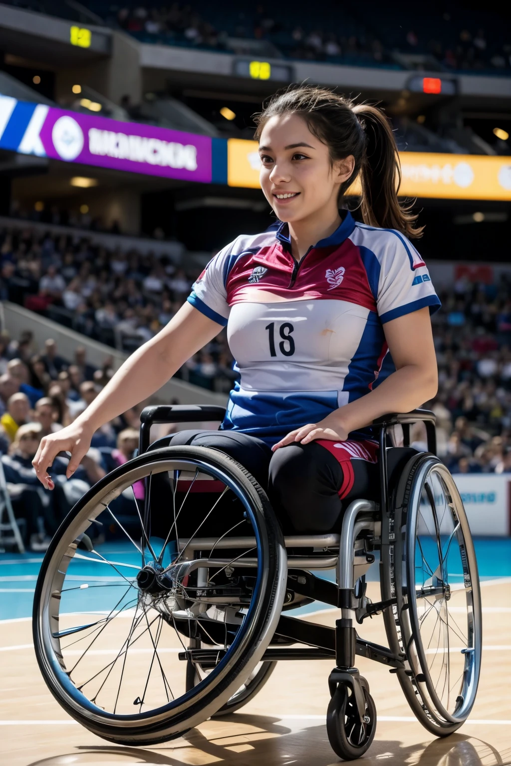 Wheelchair paralympic athlete woman celebrates