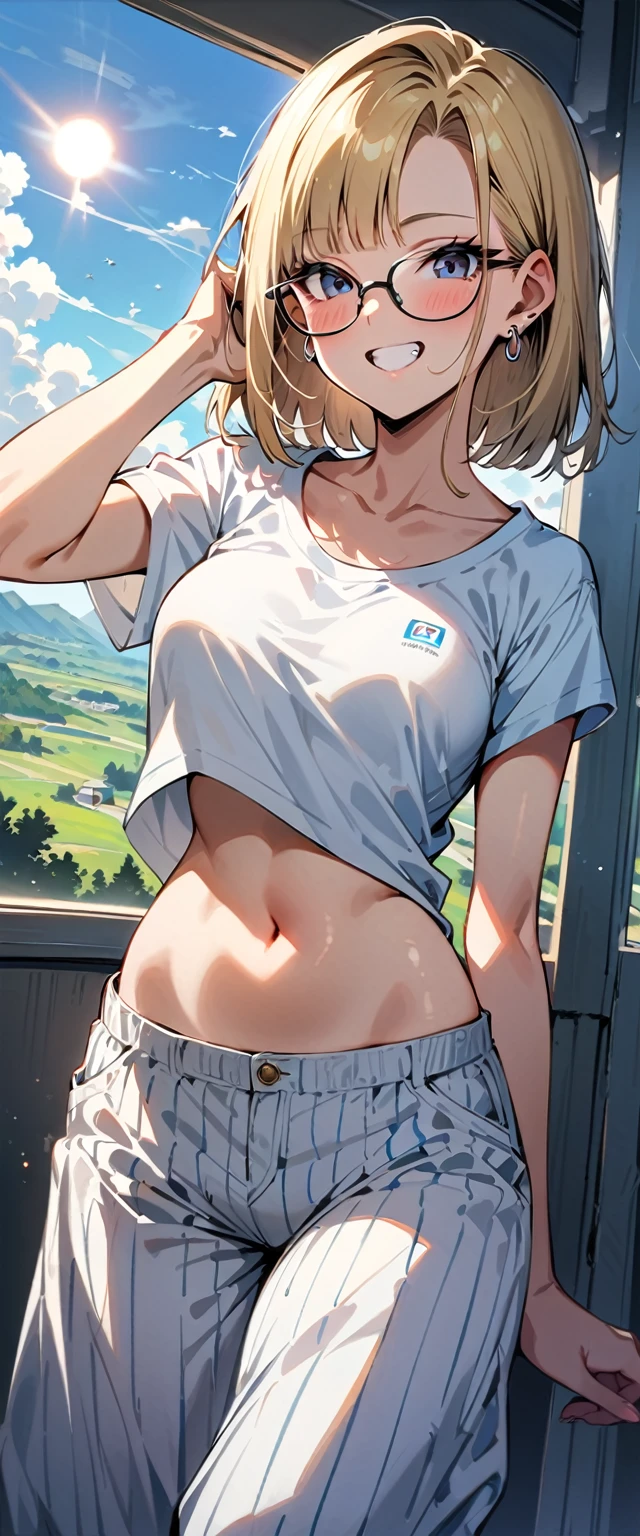 (masterpiece, best quality:1.2),1girl, (solo), Android 18 from Dragon Ball, ((stripe print, white T-shirt, light gray long baggy pants, teeth showing)), medium breasts, blunt bangs, short blonde hair, (black eyes), earrings on earlobes, slim, slender feminine figure, skinny body, blush, sky, magnificent view, blur background, 4K, open mouth, smile, beautiful butt, sun, wearing glasses, dental clinic, navel, hand on own cheek, 