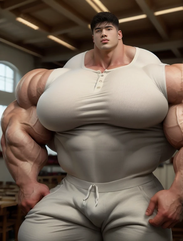 1 asian boy, giant, alone, giant bodybuilder, illuminating light, strong body, bulk, large size, staring, standing in white photo studio, indoor, nude, henley shirt & pants, thick bulge, extraordinary big, brutalmass, giant muscular body, bulk, buff, massive body, large meaty body size, extremely wide body