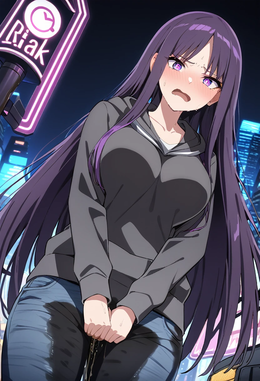 (masterpiece:1.37), best quality, (extremely detailed:1.37), (1girl:1.5), woman, (mature:1.5), (adult:1.5), large breasts, very long hair, (straight hair:1.5), (very dark purple hair:1.5), purple eyes, (extremely detailed eyes:1.37), hoodie, jeans, desperation, (wetting self:1.5), standing, embarrassed, humiliation, blushing, angry, city, futuristic, neon lighting, high-tech, street, skyscraper