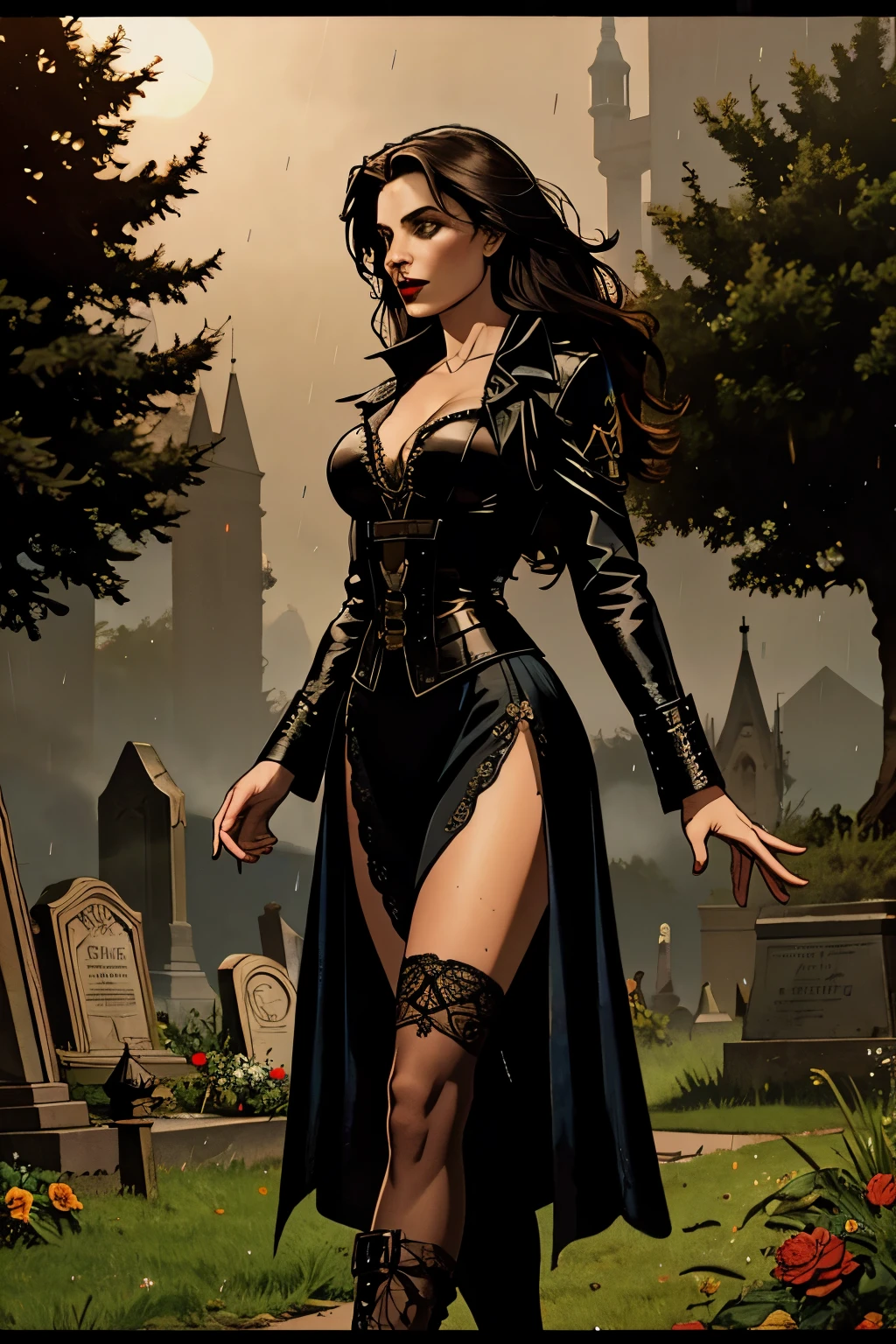 Cinematic, Vampire slayers, walks in an Gothic cemetery at night wearing a gothic steampunk fashion dress, fog and rainy condition, ghostly atmosphere, 1800s, (high skin detail: 1.2), ultra-detailed, photo-realistic, depth of field, cinematic lighting, IMAX camera, HDR, DTM, Full HD, 8k , captured in ultra high resolution with photorealistic and beautiful lighting. This masterpiece is of the best quality and is set against a zentangle abstract background (weighted at 1.4).