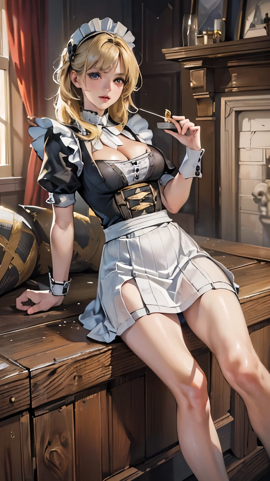 ((masterpiece, highest quality, Highest image quality, High resolution, photorealistic, Raw photo, 8K)), Ultra Wide Angle, blonde, maid dress, mini skirt, medium hair, onnanoko, cleavage, waist, naval, belly, loose appron