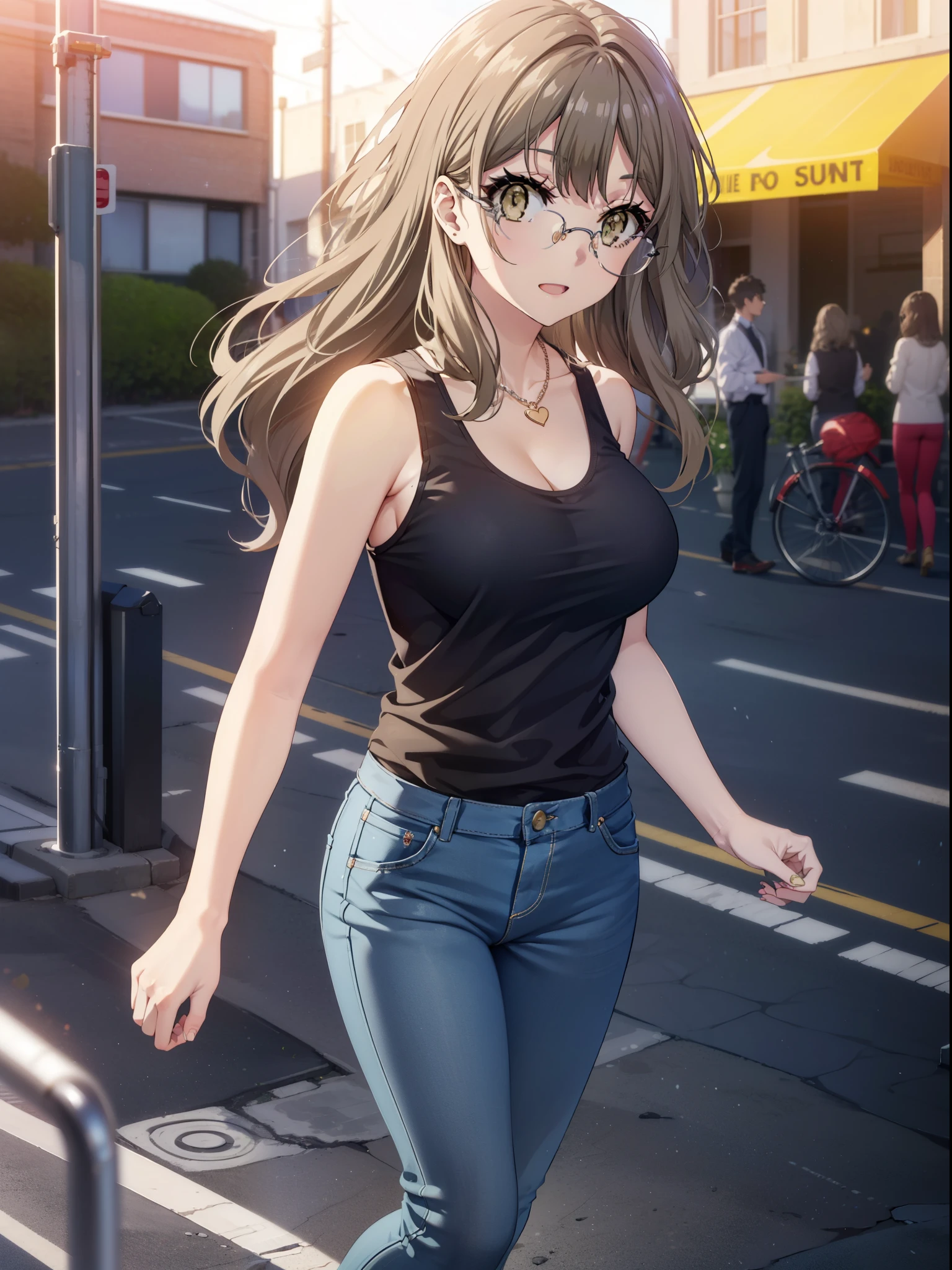 Riofutaba, Rio Futaba, Long Hair, Brown Hair, (Brown eyes:1.5), Glasses,Big Breasts,smile,Open your mouth,Red Tank Top,Heart Necklace,skinny pants,Stiletto heels,Business Back,Walking,morning,morning陽,The sun is rising,whole bodyがイラストに入るように,
break outdoors, Building district,
break looking at viewer, whole body,
break (masterpiece:1.2), Highest quality, High resolution, unity 8k wallpaper, (figure:0.8), (Beautiful attention to detail:1.6), Highly detailed face, Perfect lighting, Highly detailed CG, (Perfect hands, Perfect Anatomy),