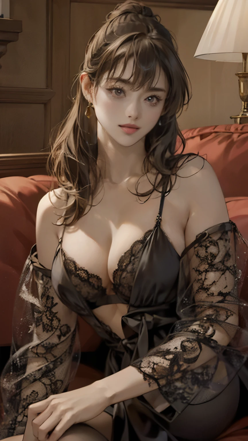 (Highest quality,4K,8K,High resolution,masterpiece:1.2),Super detailed,(Realistic,photoRealistic,photo-Realistic:1.37),Slutty Japanese Woman, Beautiful and delicate hazel eyes, Beautiful lip detail, Black lingerie, Black Stockings, High heels, pose sensually for photographs, In a luxurious hotel room, Enchanting atmosphere, Sensual look, Excellent makeup, (short hair), (ponytail), (Neat bangs:1.4), Captivating Gaze, A confident and attractive demeanor, Vibrant colors, Smooth and flawless skin, Captivating aura, Captivating curves, Provocative pose, Elegantly decorated background, Sophisticated furniture, Soft lighting, Enchanting atmosphere.