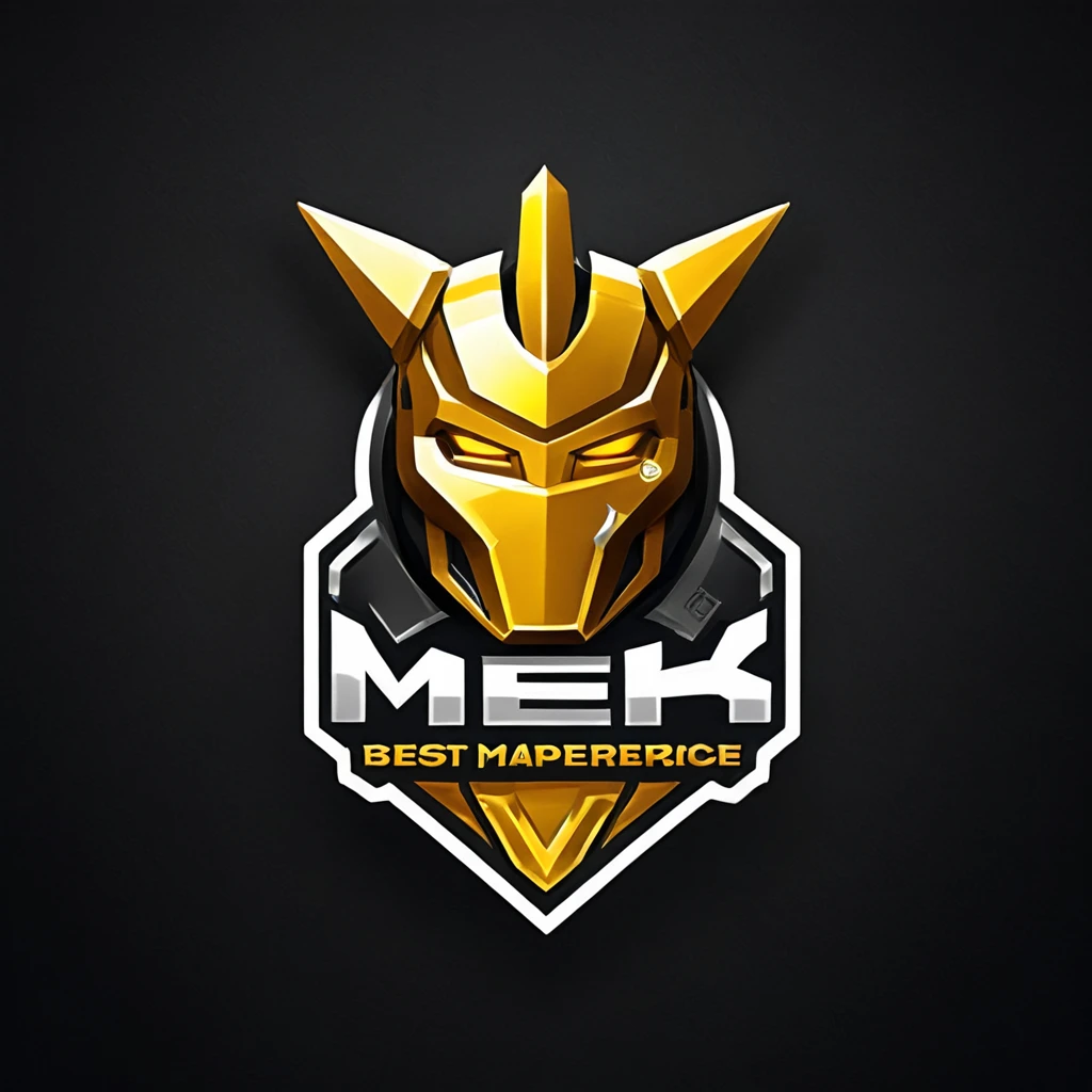 logomkrdsxl,an  edgy logo  3D with robô dourado e prata,  vector, text "MEK",  best quality, masterpiece, brand, dark background, 