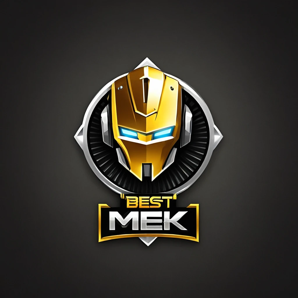 logomkrdsxl,an  edgy logo  3D with robô dourado e prata,  vector, text "MEK",  best quality, masterpiece, brand, dark background, 