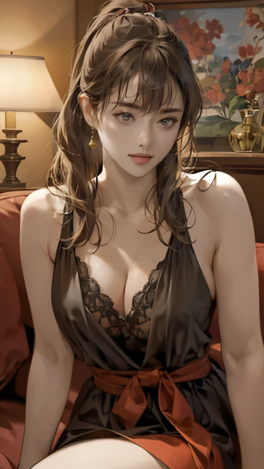 (Highest quality,4K,8K,High resolution,masterpiece:1.2),Super detailed,(Realistic,photoRealistic,photo-Realistic:1.37),Slutty Japanese Woman, Beautiful and delicate hazel eyes, Beautiful lip detail, Black lingerie, Black Stockings, High heels, pose sensually for photographs, In a luxurious hotel room, Enchanting atmosphere, Sensual look, Excellent makeup, (short hair), (ponytail), (Neat bangs:1.4), Captivating Gaze, A confident and attractive demeanor, Vibrant colors, Smooth and flawless skin, Captivating aura, Captivating curves, Provocative pose, Elegantly decorated background, Sophisticated furniture, Soft lighting, Enchanting atmosphere.