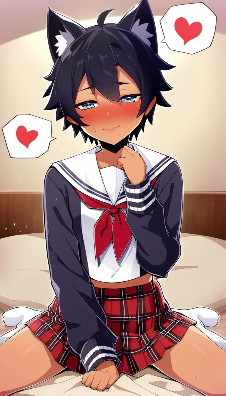 one boy, black sailor uniform, plaid skirt, long sleeve, naive, cat ears, thirteen years old, short hair, light blue eyes, black hair, aphrodisiac, heart mark, hypnosis, on bed, wariza, estrus, pure, sexy face, pure, sunburned skin, cross dressing, shota, androgynous
