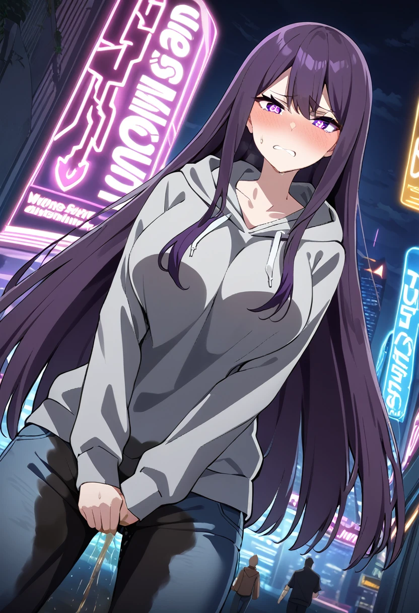 (masterpiece:1.37), best quality, (extremely detailed:1.37), (1girl:1.5), woman, (mature:1.5), (adult:1.5), large breasts, very long hair, (straight hair:1.5), (very dark purple hair:1.5), purple eyes, (extremely detailed eyes:1.37), hoodie, jeans, desperation, (wetting self:1.5), standing, embarrassed, humiliation, blushing, angry, city, futuristic, neon lighting, high-tech, street, skyscraper