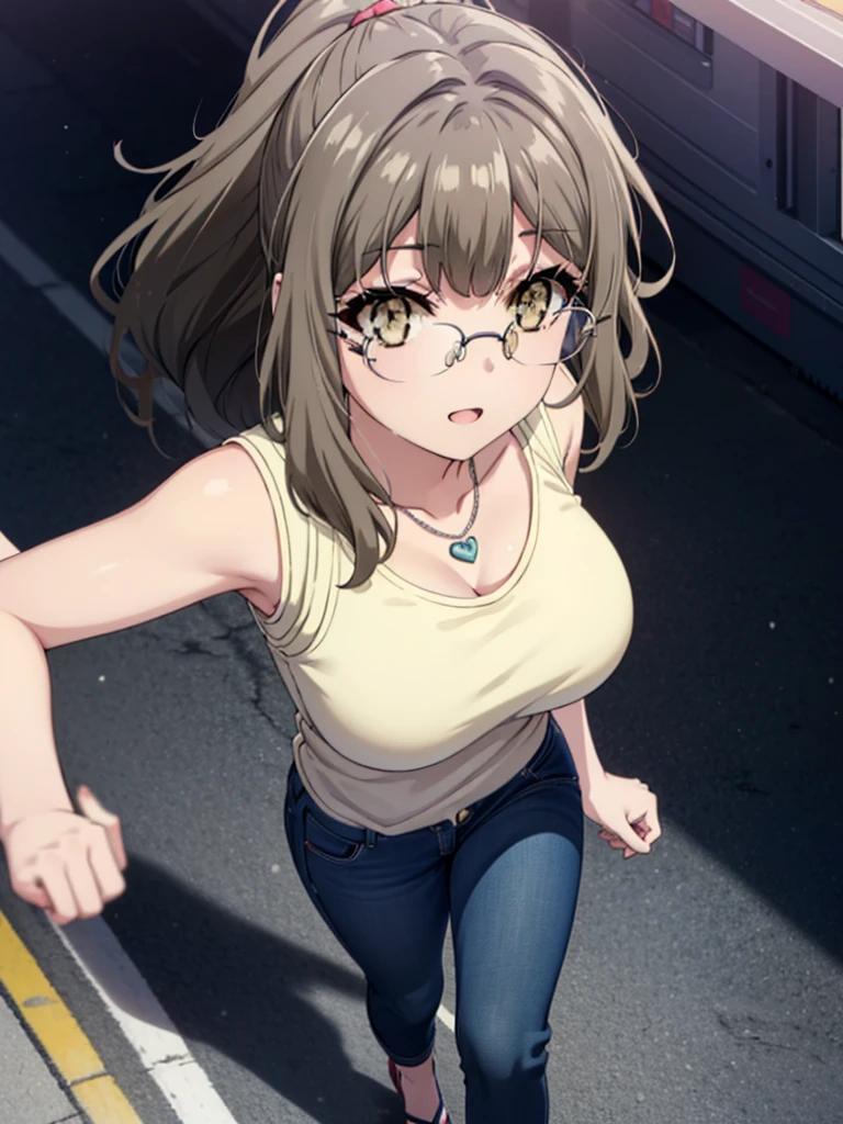 Riofutaba, Rio Futaba, Long Hair, Brown Hair, (Brown eyes:1.5), Glasses,Big Breasts,smile,Open your mouth,Red Tank Top,Heart Necklace,skinny pants,Stiletto heels,Business Back,Walking,morning,morning陽,The sun is rising,whole bodyがイラストに入るように,
break outdoors, Building district,
break looking at viewer, whole body,
break (masterpiece:1.2), Highest quality, High resolution, unity 8k wallpaper, (figure:0.8), (Beautiful attention to detail:1.6), Highly detailed face, Perfect lighting, Highly detailed CG, (Perfect hands, Perfect Anatomy),