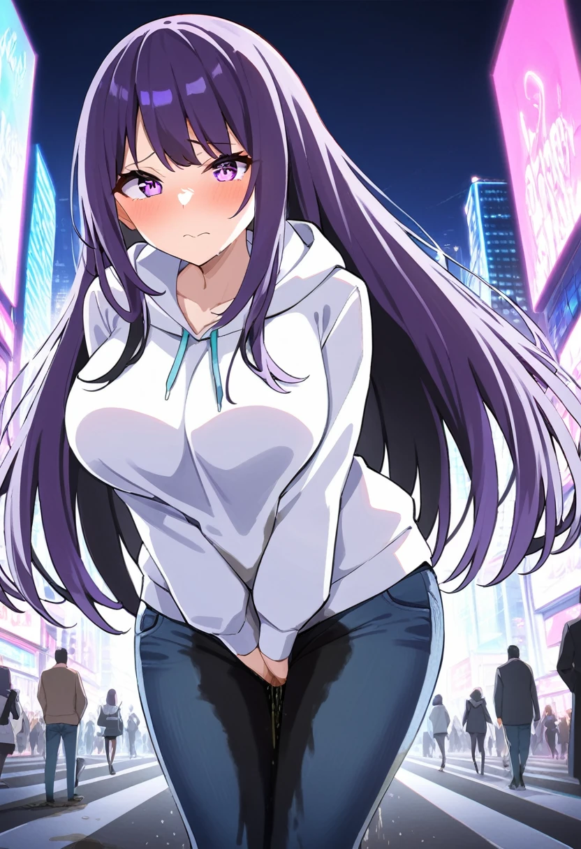 (masterpiece:1.37), best quality, (extremely detailed:1.37), (1girl:1.5), woman, (mature:1.5), (adult:1.5), large breasts, very long hair, (straight hair:1.5), (very dark purple hair:1.5), purple eyes, (extremely detailed eyes:1.37), hoodie, jeans, desperation, (wetting self:1.5), standing, embarrassed, humiliation, blushing, angry, city, futuristic, neon lighting, high-tech, street, skyscraper