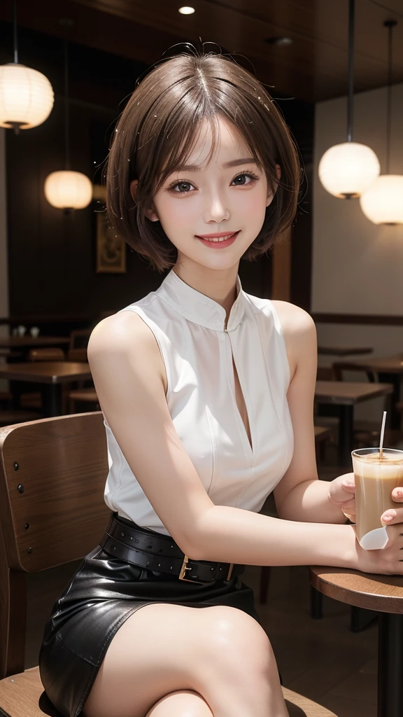 (precise face features), (Highly detailed face), (High density photo quality) , Japanese Beauty, expensive, Long legs, smile, Very short tight leather mini skirt with belt, sleeveless white blouse, Bright coffee shop interior with elaborate lighting,smile,short hair,Crossing your legs