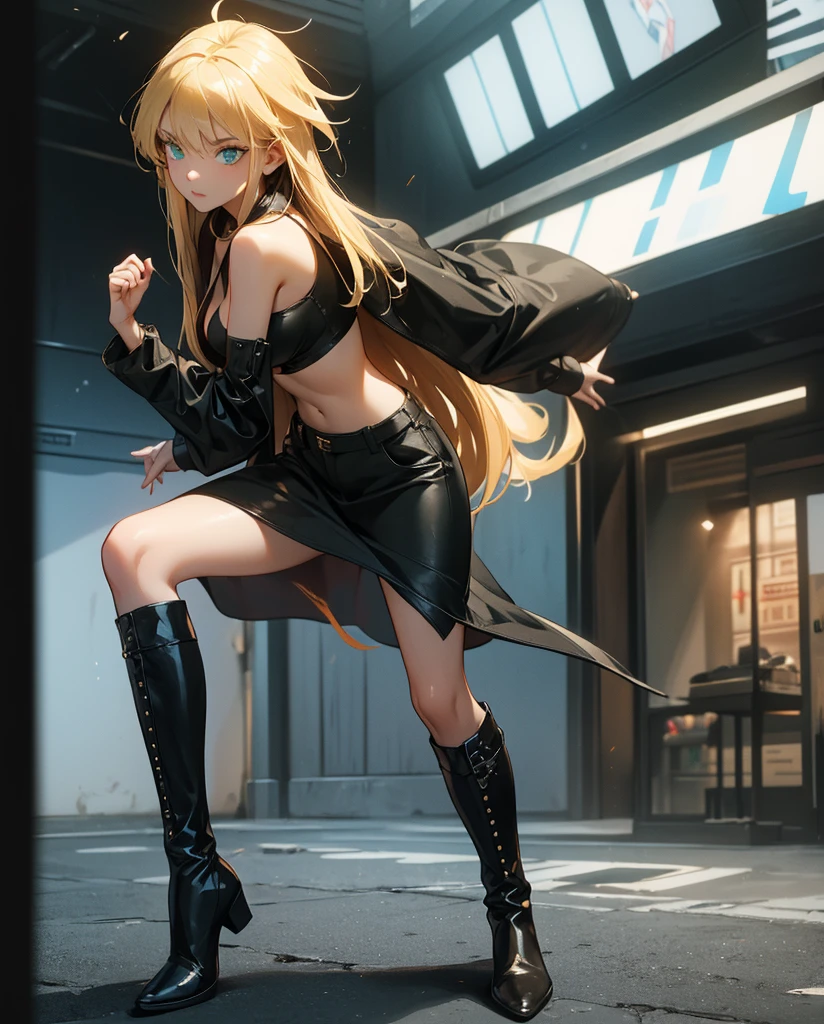 Sexy young girl with a good body, Long hair blonde, hair with red tones, green eyed, black leather jacket with white bra, ripped blue jeans, short brown boots with white, standing, spiky hair, bristly hair, standing, on guard, defense pose