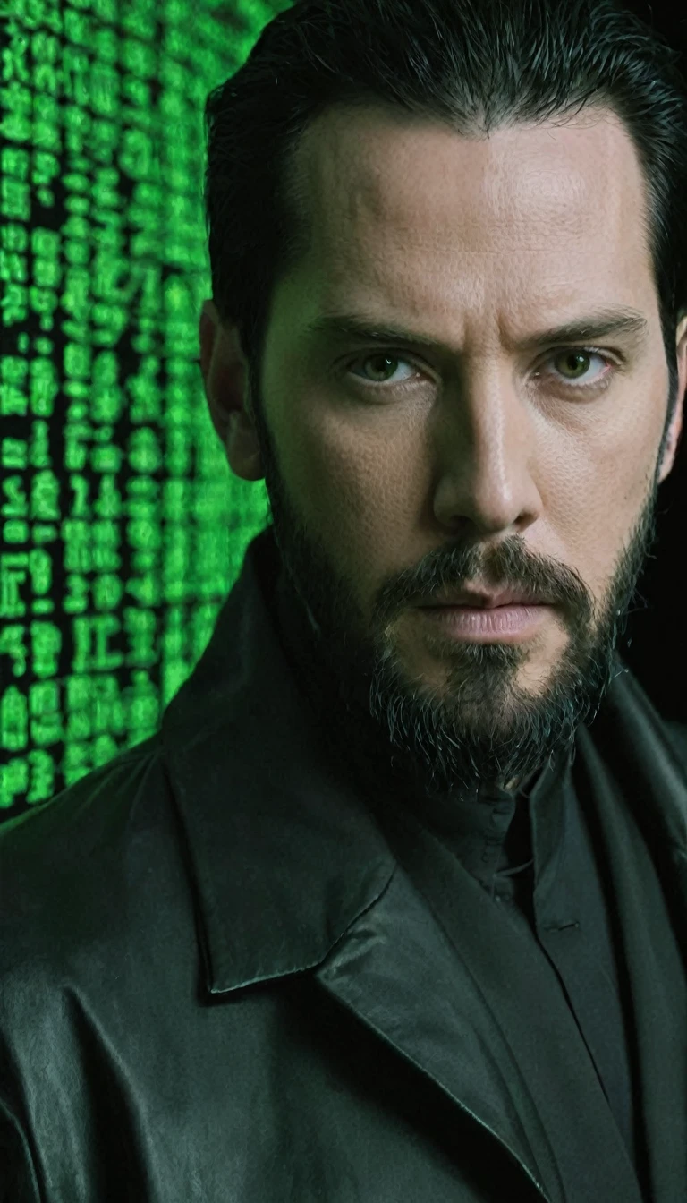 face portrait of "Neo's quest: Green matrix code flowing in the middle and background.", Neo is a white man with black hair and black beard, wearing a black latex coat, that works secretly with Morpheus and trinity. focusing on the face, magical and mysterious theme, looking diferently at the camera, side shots
