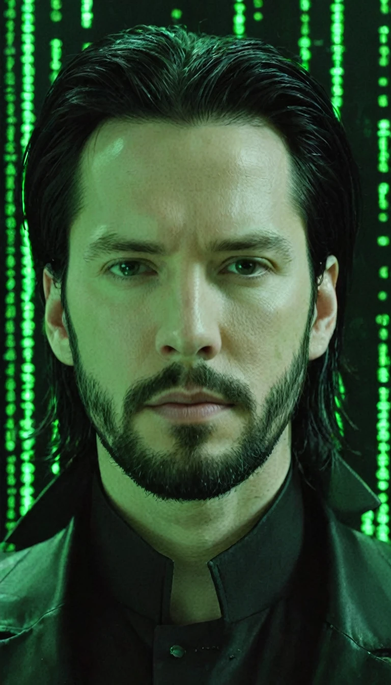 face portrait of "Neo's quest: Green matrix code flowing in the middle and background.", Neo is a white man with black hair and black beard, wearing a black latex coat, that works secretly with Morpheus and trinity. focusing on the face, magical and mysterious theme, looking diferently at the camera, side shots