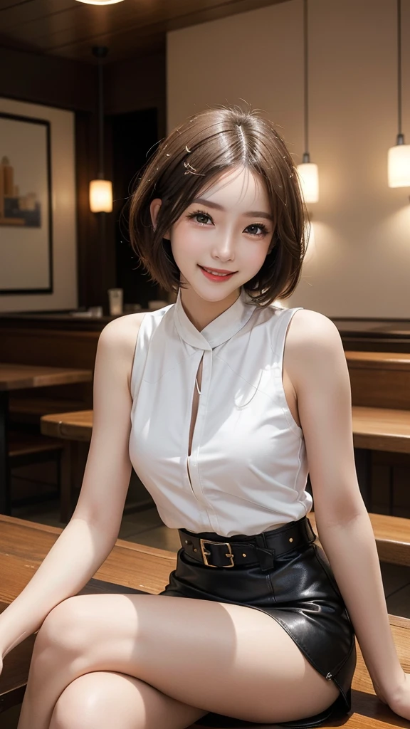 (precise face features), (Highly detailed face), (High density photo quality) , Japanese Beauty, expensive, Long legs, smile, Very short tight leather mini skirt with belt, sleeveless white blouse, Bright coffee shop interior with elaborate lighting,smile,short hair,Crossing your legs