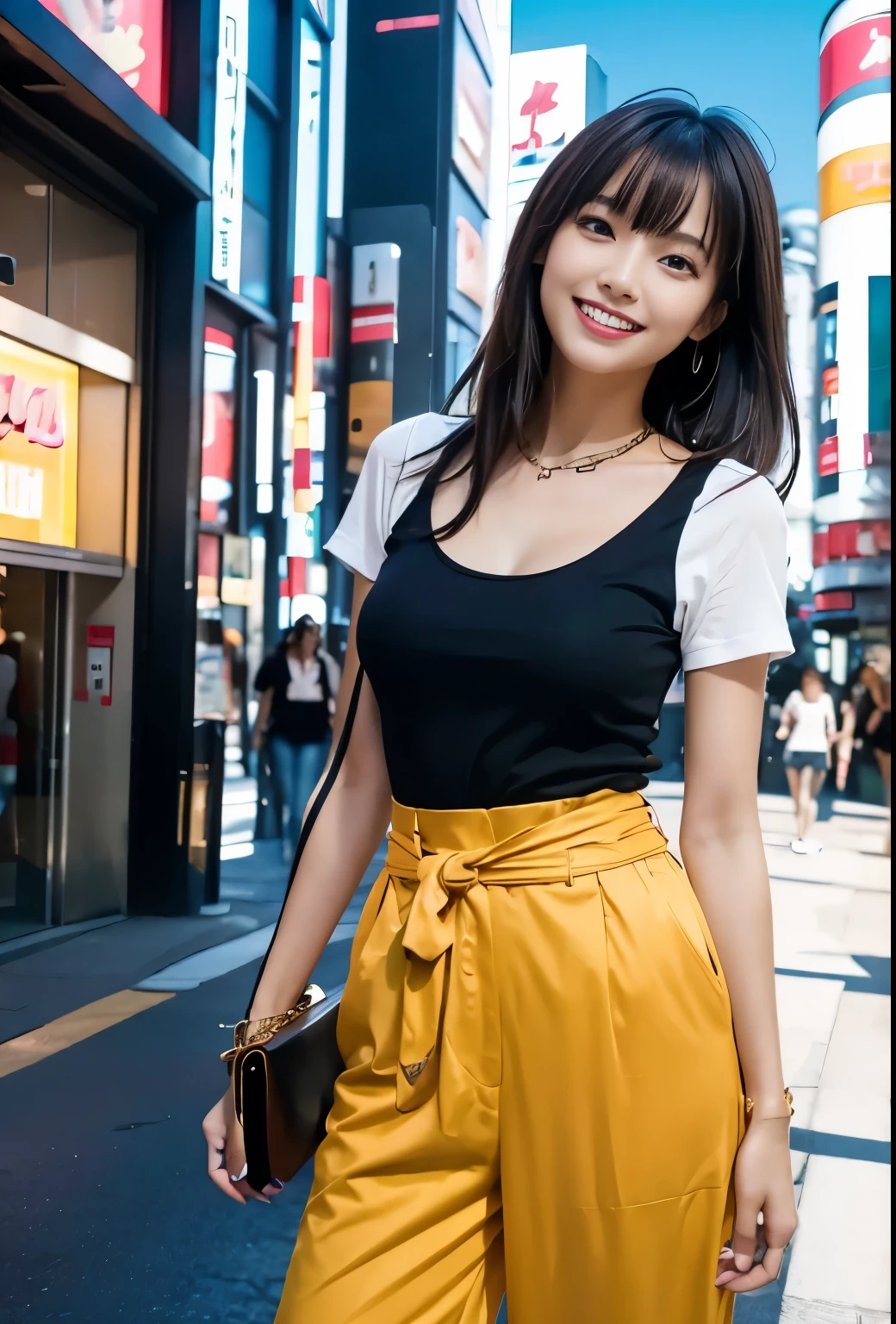 masterpiece, best quality, full body, 1girl, bangs, japanese, black long hair, short sleeve, blush, bracelet, clothes around waist, collarbone, cowboy shot, , eyebrows visible through hair, gradient hair, grin, long hair, looking at viewer, one-piece,smile, solo,street, sky,petals,illustration, fashionable, woman, vibrant, outfit, posing, front, colorful, dynamic, background, elements, confident, expression, holding, statement, accessory, coiled, around, touch, scene, text, cover, bold, attention-grabbing, title, stylish, font, catchy, headline, larger, striking, modern, trendy, focus, fashion