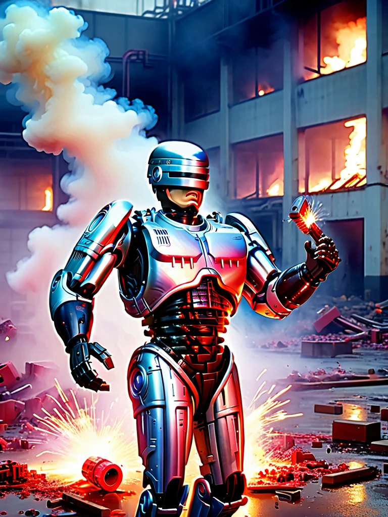 Abandoned Factory、Robocop destroyed and dismembered、Vomiting blood from the mouth、Sparks and smoke coming from dismembered body parts