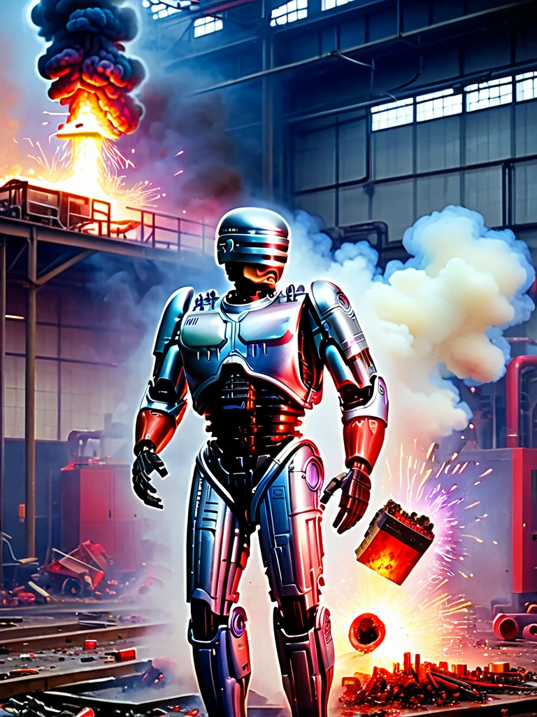 Abandoned Factory、Robocop destroyed and dismembered、Vomiting blood from the mouth、Sparks and smoke coming from dismembered body parts