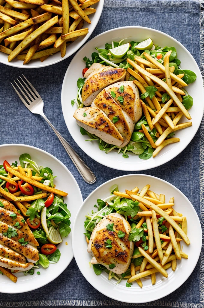 Dish with chicken in coffee sauce, fries and salad.