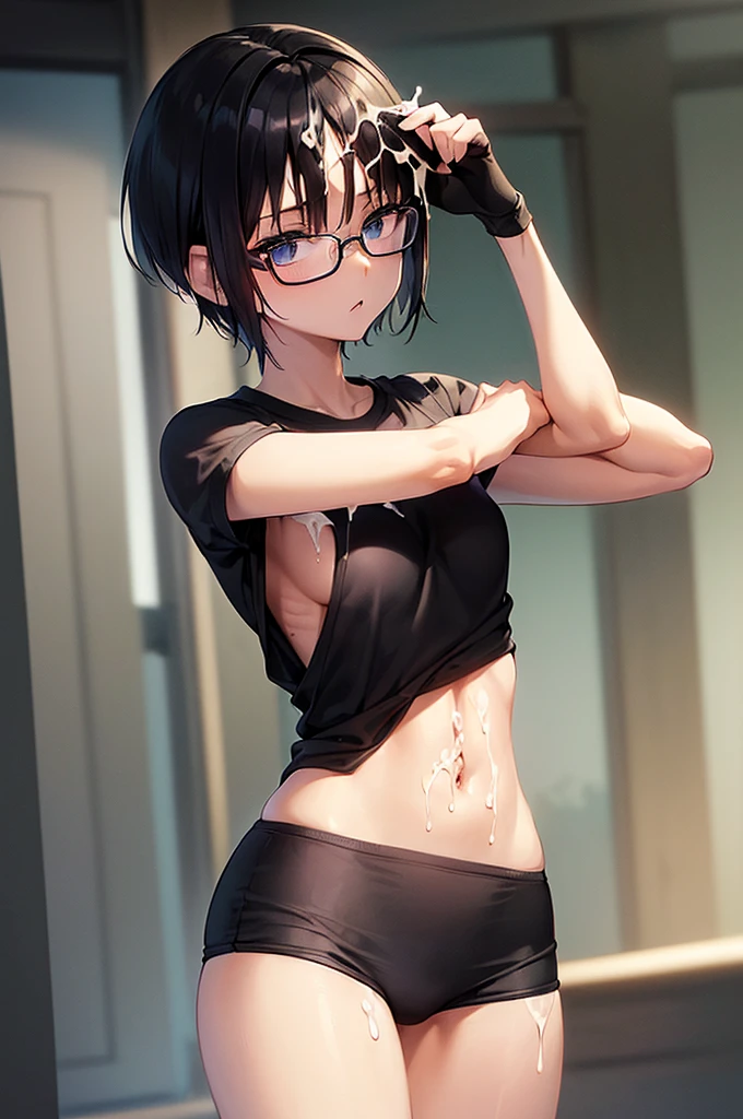 masterpiece, best quality,anime style, 1 girl,(((slender body))), (((small breast))),(((gym uniform,glasses))),(((3 monkey grabbing the gir))),((((cum)))), (beautiful face), (((short hair))), (((straight hair))), ((((black hair)))),detailed beautiful skin, (perfect hands, perfect anatomy)