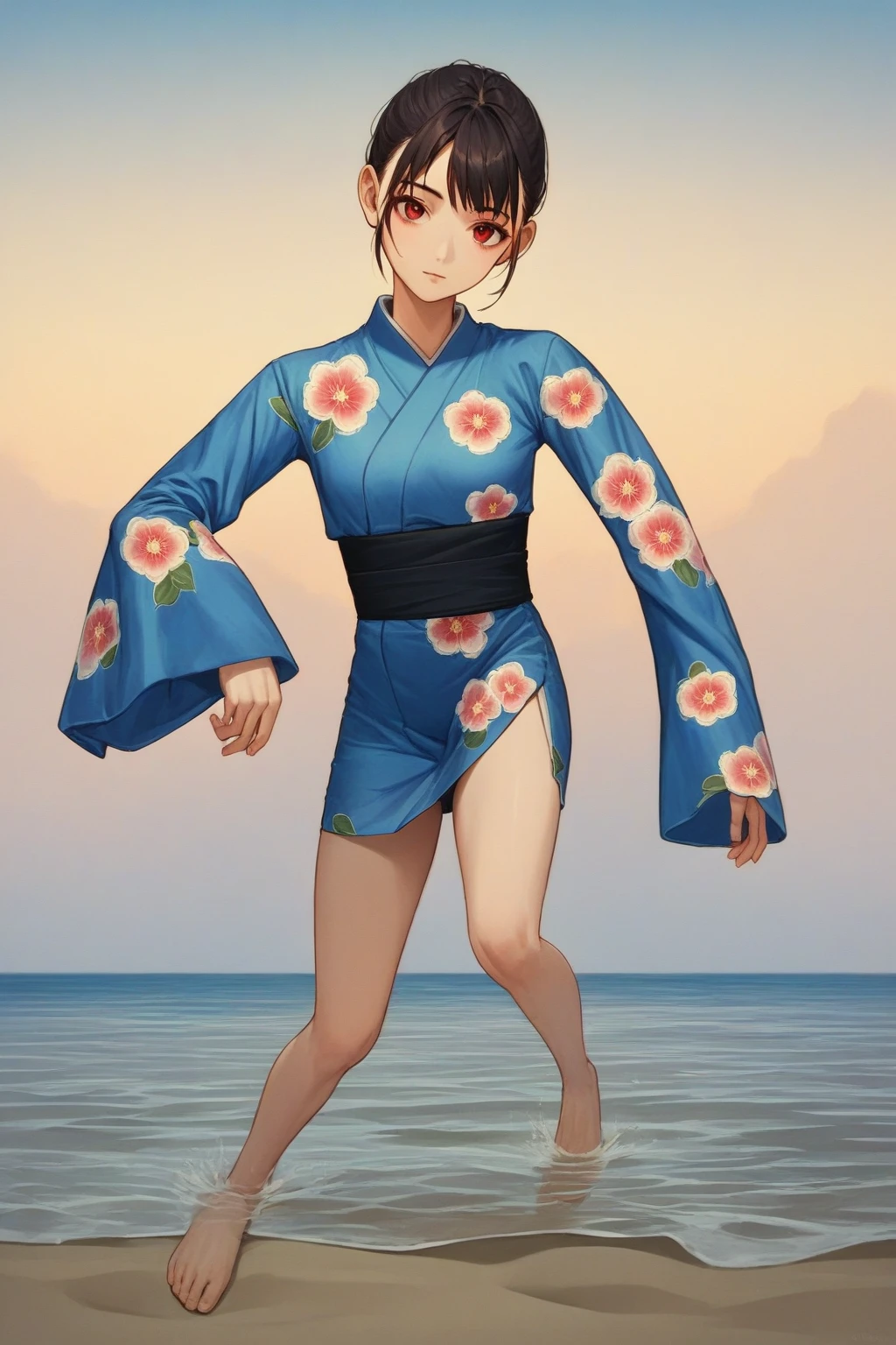 score_9, score_8_up, score_7_up, score_6_up, score_5_up, score_4_up, BREAK source_anime, 1girl, looking at viewer, short hair, red eyes, blue kimono, floral print, long sleeves, outside, sand, water, sky