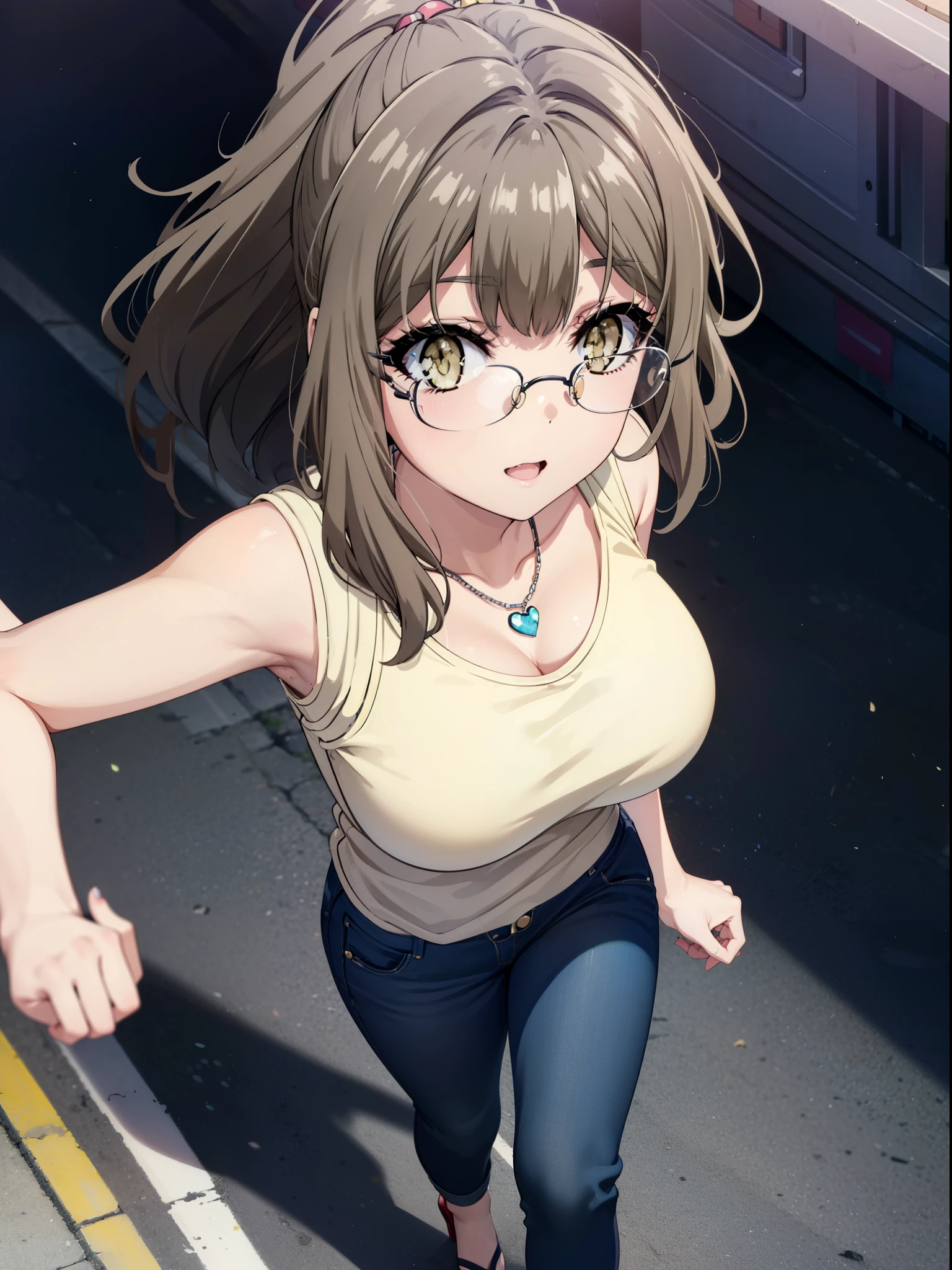 Riofutaba, Rio Futaba, Long Hair, Brown Hair, (Brown eyes:1.5), Glasses,Big Breasts,smile,Open your mouth,Red Tank Top,Heart Necklace,skinny pants,Stiletto heels,Business Back,Walking,morning,morning陽,The sun is rising,whole bodyがイラストに入るように,
break outdoors, Building district,
break looking at viewer, whole body,
break (masterpiece:1.2), Highest quality, High resolution, unity 8k wallpaper, (figure:0.8), (Beautiful attention to detail:1.6), Highly detailed face, Perfect lighting, Highly detailed CG, (Perfect hands, Perfect Anatomy),