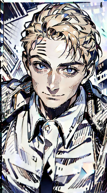(best quality,4k,8k,highres,masterpiece:1.2),ultra-detailed,(realistic,photorealistic,photo-realistic:1.37),1 man,31 years old,mature man,very handsome,without expression,smile,short orange hair,blue eyes,penetrating gaze,perfect face without errors,imposing posture,businessman,office background,cinematic lighting,hdr image
