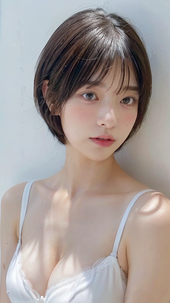 (White wall in the background)、In front of the white door、((Highest quality、8K、masterpiece:1.3))、Ultra-high resolution、(photoGenuineistic:1.4)、RAW Photos、30-year-old woman、Japanese,(face)、Genuine、Photographed in natural light、Highly detailed face and skin texture、Highly detailed lips、The correct state of the human body、short hair、Shortcuts、Black Hair、short hair、Various poses、Natural color lip、Fluffy hair,Cleavage、((White bra))