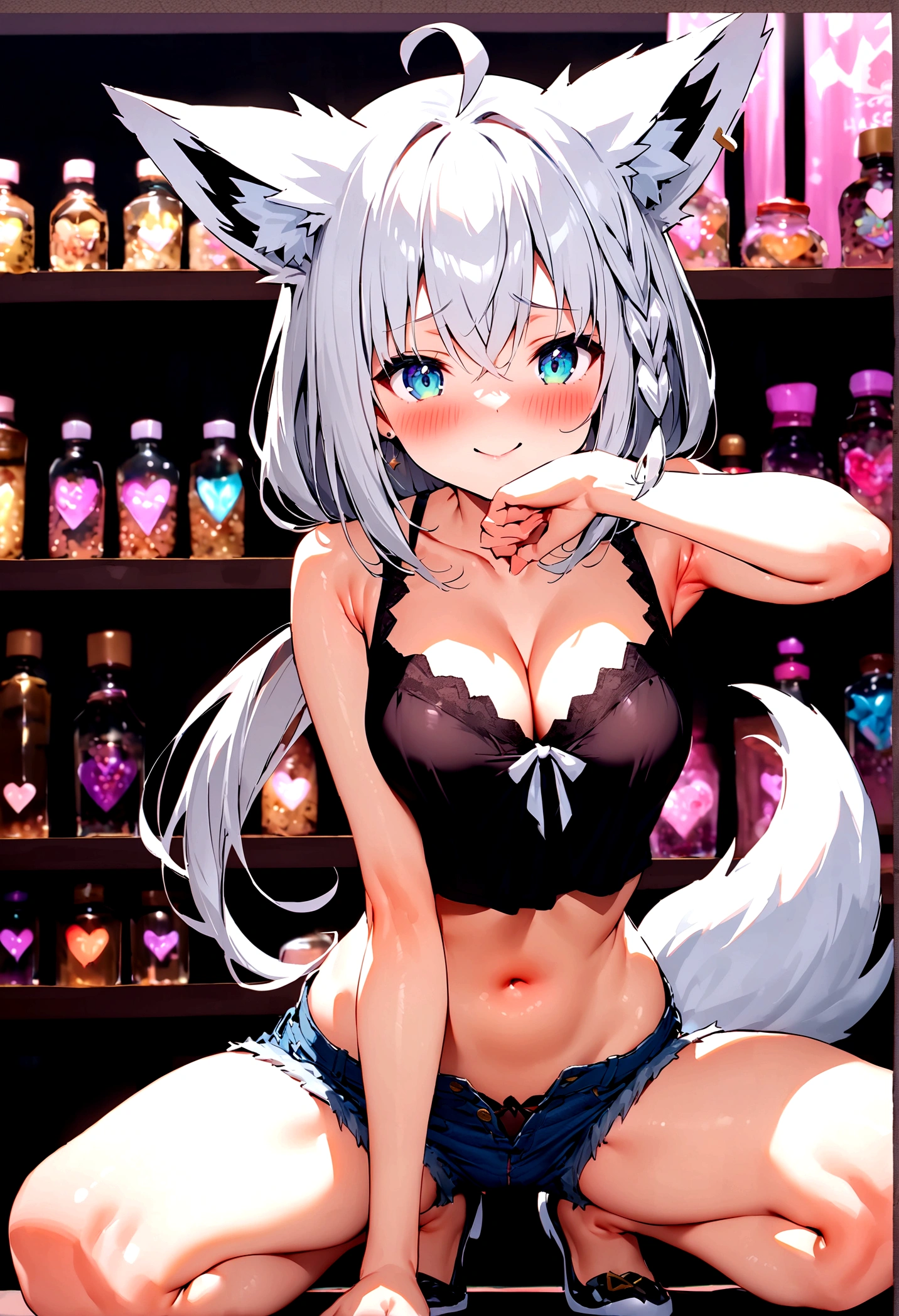 NSFW,masterpiece,Highest quality,High resolution,Super detailed,Shirakami Fubuki\(Hololive\),Gray Hair、One-sided braid、Ahoge、Earrings,Fox ears,Fox tail,Crop top shirt,Sleeveless,Cleavage,Low-rise denim shorts,Embarrassed,blush,Expecting face,Bewitching Smile,Sexy smile,(Adult Shop),(Underwear section),(Naughty shop),Cute pose,Date,(Seduce),Crouching,Spread your legs