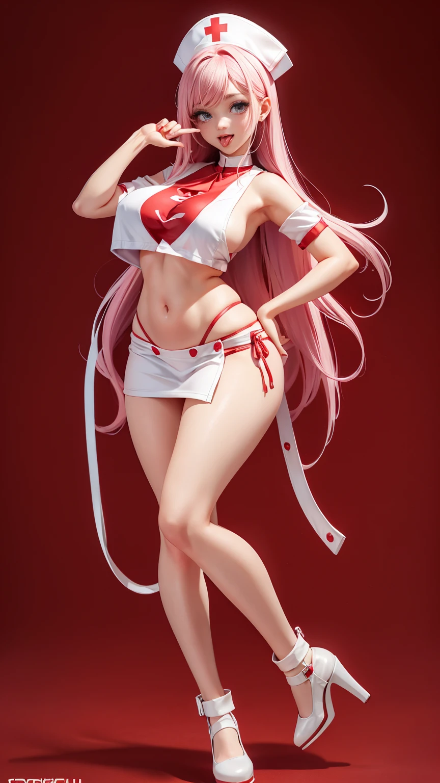 ((full_body))、Woman、red_background、big_breasts、Detailed、(white_nurse_custom)、POP、vivid、pose、(out_tongue:1.2)、underboob