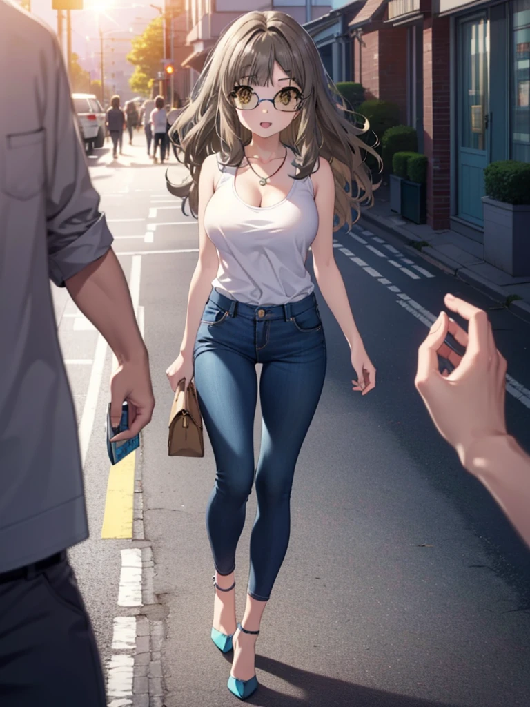 Riofutaba, Rio Futaba, Long Hair, Brown Hair, (Brown eyes:1.5), Glasses,Big Breasts,smile,Open your mouth,Red Tank Top,Heart Necklace,skinny pants,Stiletto heels,Business Back,Walking,morning,morning陽,The sun is rising,whole bodyがイラストに入るように,
break outdoors, Building district,
break looking at viewer, whole body,
break (masterpiece:1.2), Highest quality, High resolution, unity 8k wallpaper, (figure:0.8), (Beautiful attention to detail:1.6), Highly detailed face, Perfect lighting, Highly detailed CG, (Perfect hands, Perfect Anatomy),